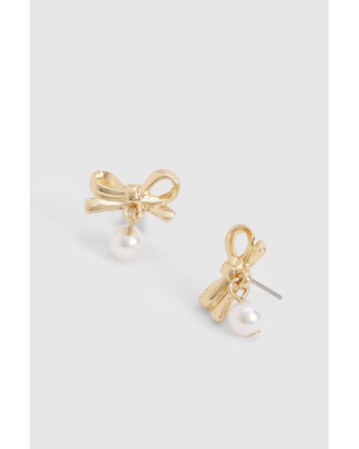 Boohoo Metallic Bow & Pearl Drop Earrings