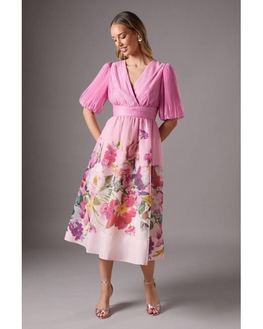 Coast Pink Pleat Wrap Puff Sleeve Organza Midi Dress