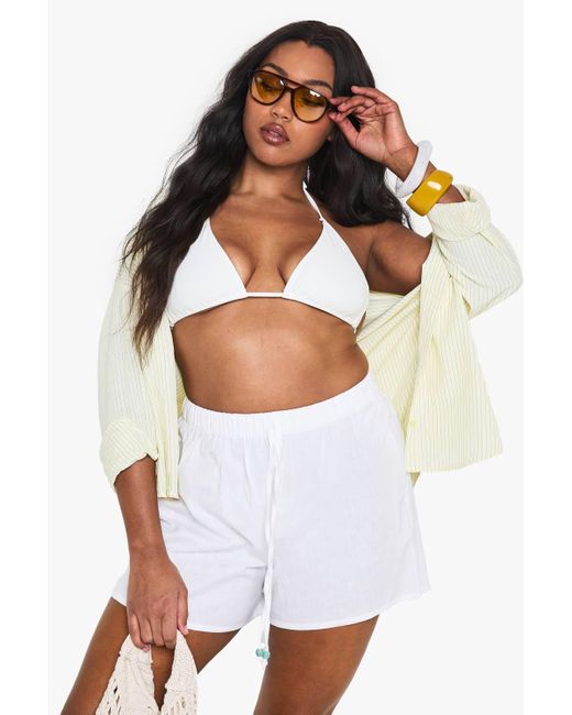 Boohoo White Plus Linen Beaded Beach Shorts