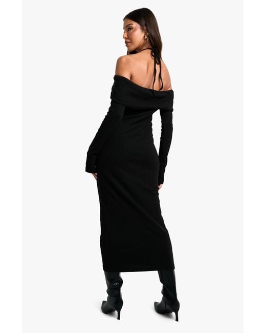Boohoo Black Wide Rib Bardot Tie Midaxi Dress