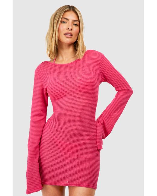 Boohoo Pink Knitted Open Back Beach Mini Dress