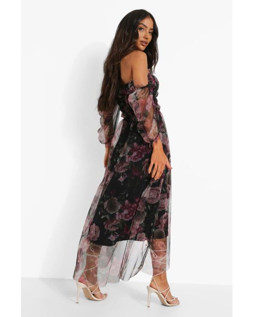 boohoo floral mesh ruched maxi dress