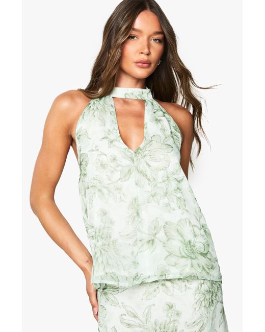 Boohoo Green Floral Chiffon Halter Neck Top