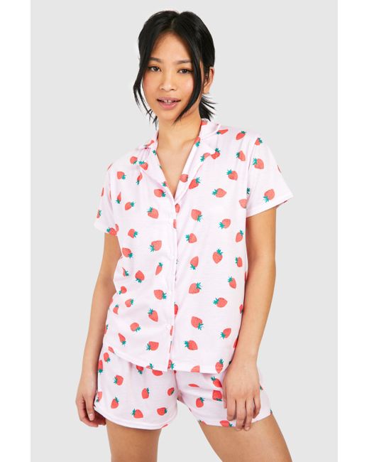 Boohoo White Petite 3 Piece Strawberry Short Pyjama Set