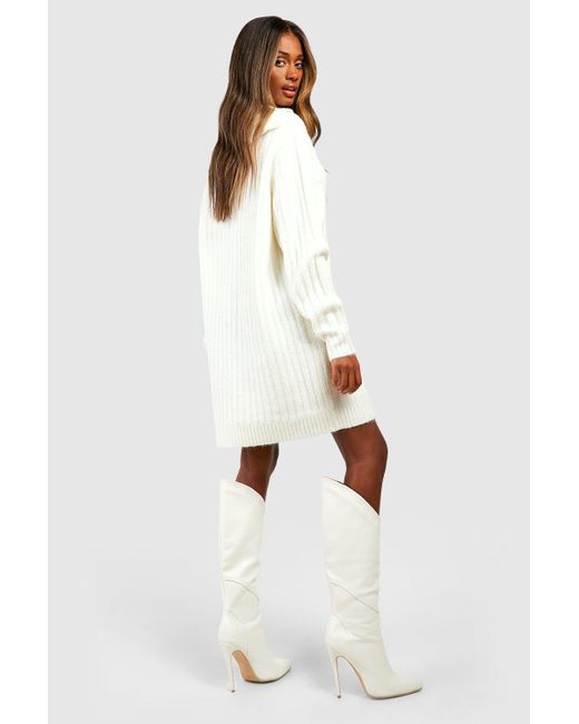 Boohoo White Soft Wide Rib Knit Collared Jumper Dress