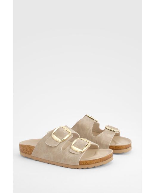 Boohoo Natural Wide Fit Oversized Buckle Double Strap Footbed Sliders