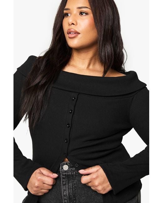 Boohoo Black Plus Button Down Bardot Rib Top