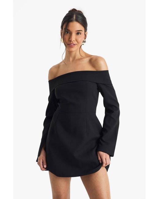 Boohoo Women's Blue Tailored Bardot Structured Skater Mini Dress Boohoo Women's Blue Tailored Bardot Structured Skater Mini Dress
