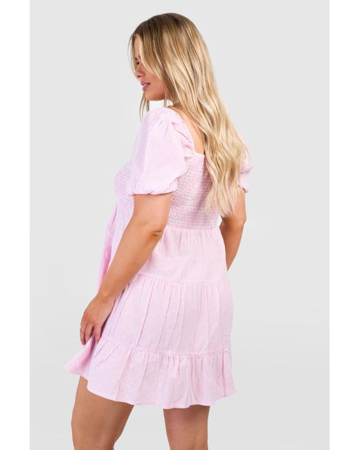 Boohoo Pink Plus Woven Pinstripe Puff Sleeve Tiered Mini Dress