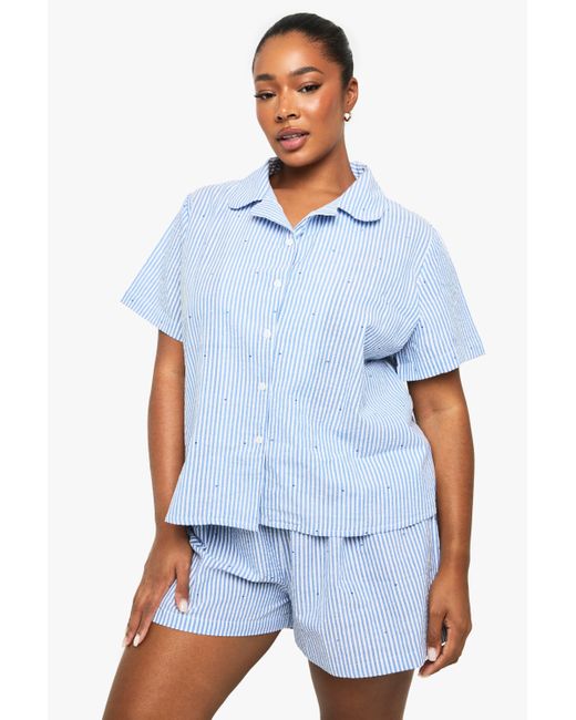 Boohoo Blue Plus Seersucker Stripe Heart Print Shirt And Short Pyjama Set