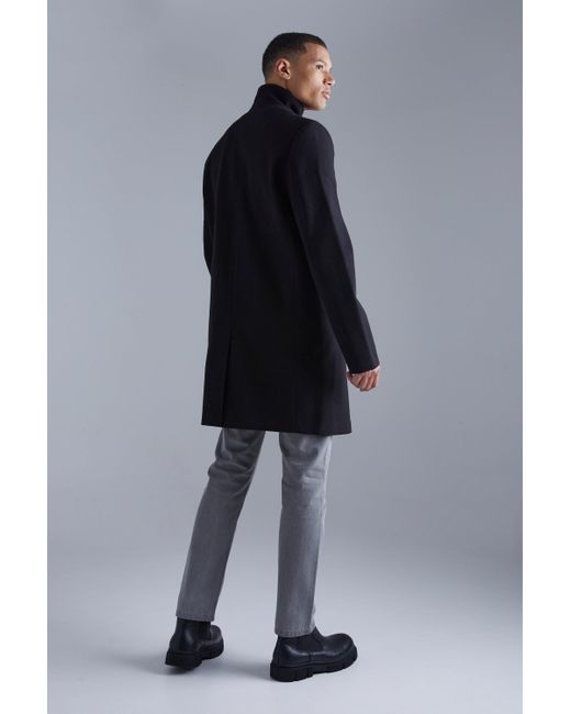 BoohooMAN Gray Tall Funnel Neck Wool Look Overcoat In Black for men