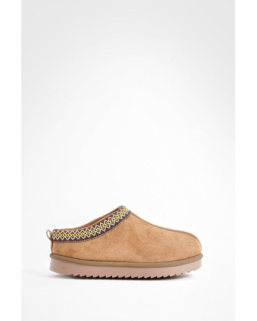 Boohoo Natural Embroidered Slip On Cosy Mules