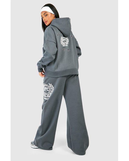 Boohoo Blue Nyc Printed Zip Up Hoodie And Wide Leg Jogger Tracksuit