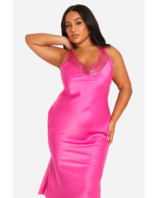 Plus Lace Trim Satin Midi Slip Dress Boohoo de color Pink