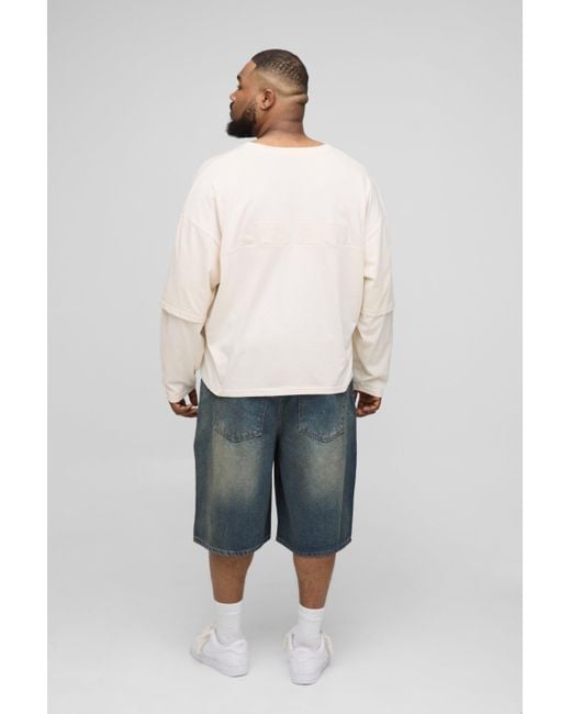BoohooMAN Plus langärmliges kastiges Oversize T-Shirt mit Applikation in White für Herren