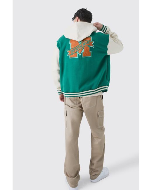 BoohooMAN Oversized Varsity Applique Jersey Hooded Jacket in Green für Herren