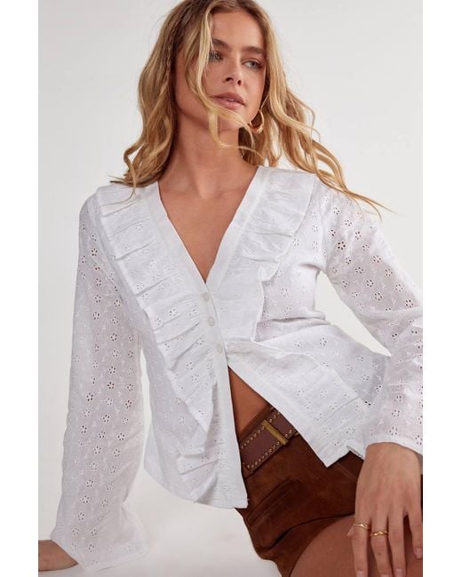 Nasty Gal White Broderie Ruffle Button Top