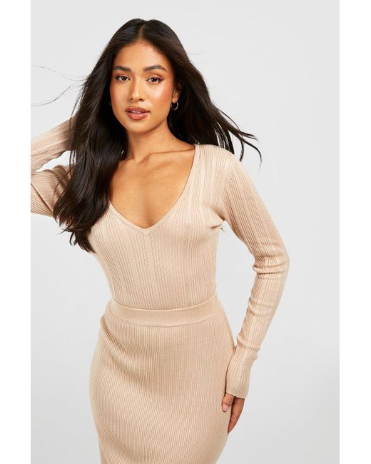 Boohoo Natural Petite Mixed Rib V Neck Knitted One Piece