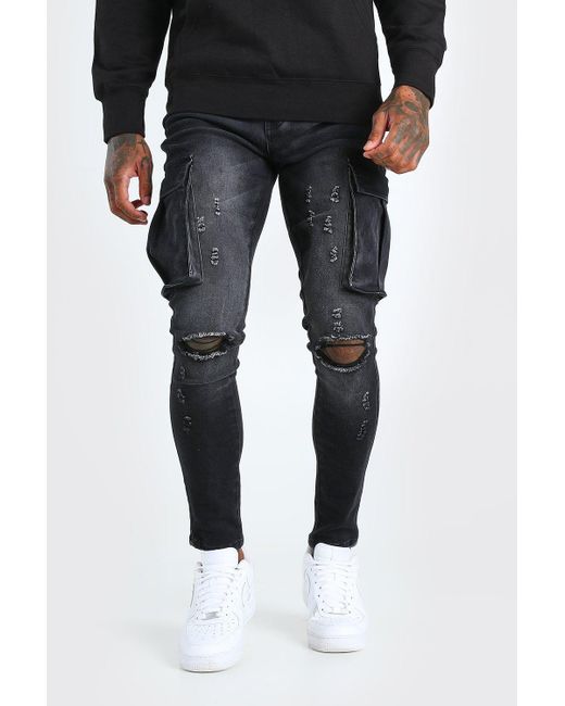BoohooMAN Super Skinny Cargo Jean With Knee Rips in Black for Men | Lyst