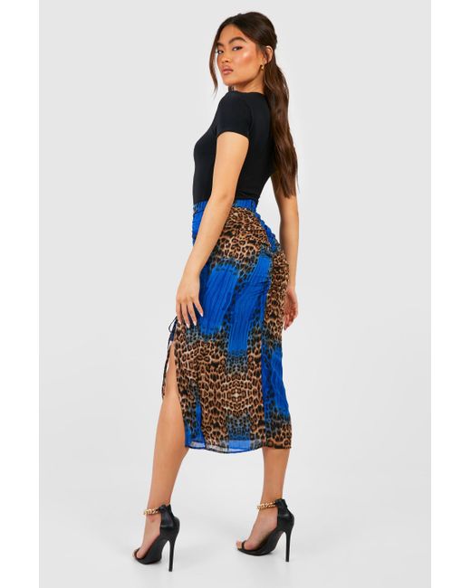 Boohoo Chiffon Mixed Leopard Ruched Split Midi Skirt in Blue |