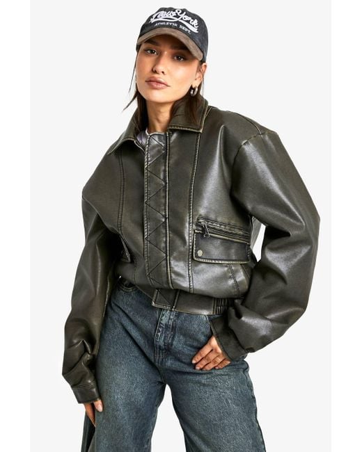 Boohoo Black Tall Vintage Look Faux Leather Bomber Jacket