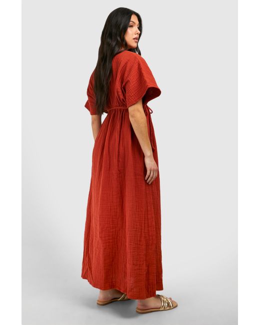 Boohoo Red Maternity Cheesecloth Belted Maxi Beach Dress