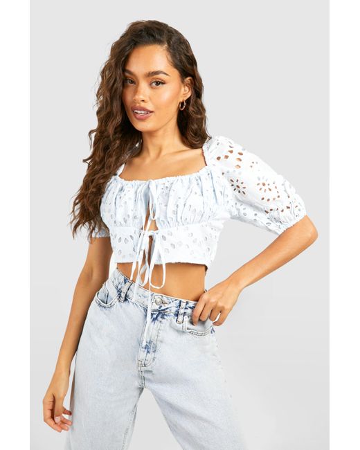 Boohoo White Embroidery Short Sleeve Crop Top