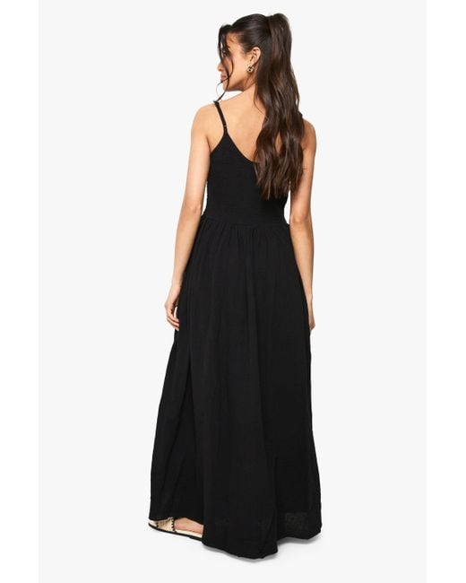 Boohoo Black Crinkle Cotton Shirred Strappy Maxi Dress