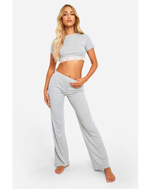 Boohoo White Lace Trim Top And Trouser Set