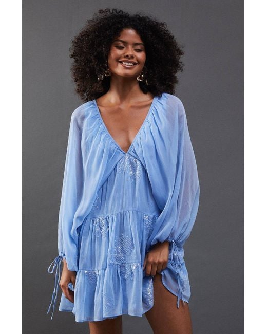 Warehouse Blue Sequin Embellished Volume Sleeve Mini Smock Dress