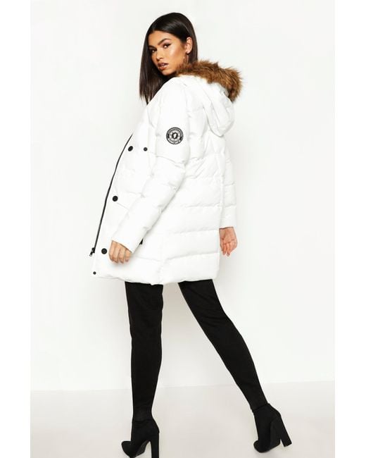 Boohoo Faux Fur Trim Luxe Mountaineering Parka Coat, Plain Pattern in White  - Save 8% - Lyst
