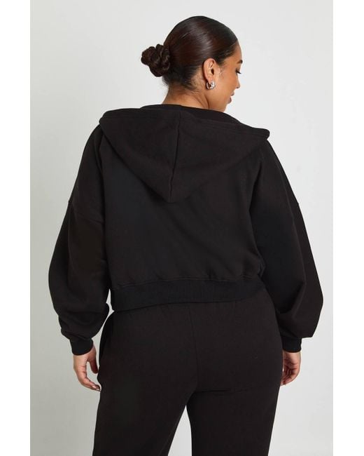Boohoo Black Plus Core Basic Boxy Balloon Sleeve Oversized Zip Through Hoodie