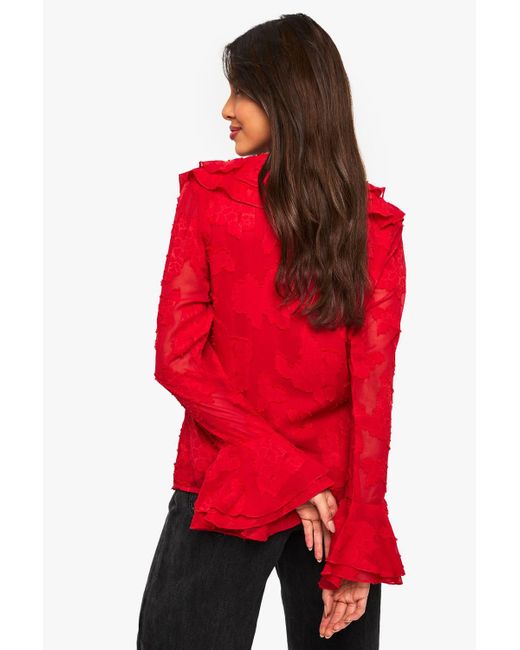 Boohoo Red Floral Texture Ruffle Blouse