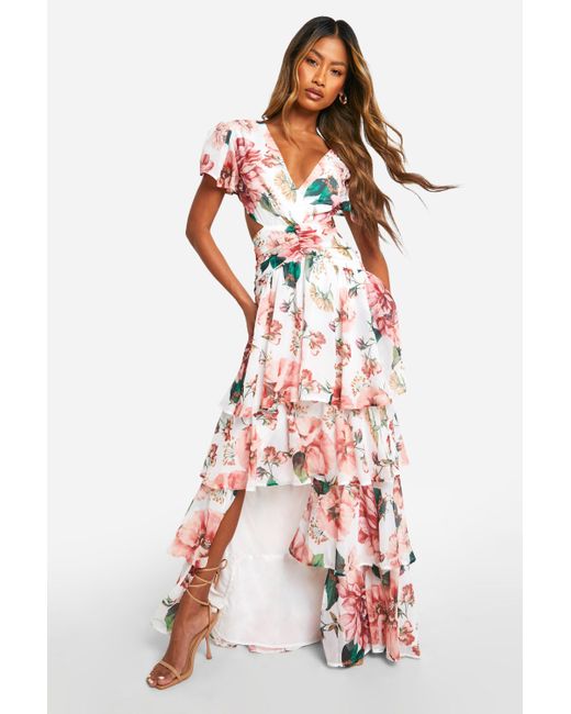 Boohoo Floral Ruffle Tiered Cut Out Maxi Dress