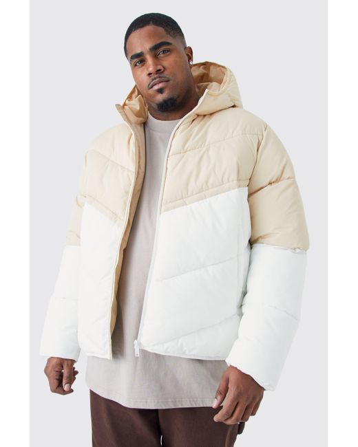 BoohooMAN White Plus Man Colour Block Quilted Puffer With Hood for men