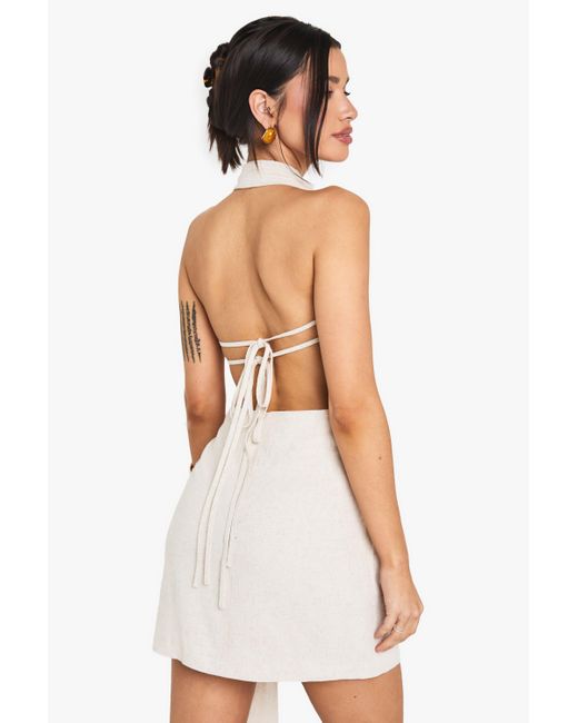 Boohoo White Tall Linen Look Drape Cowl Wrap Mini Dress