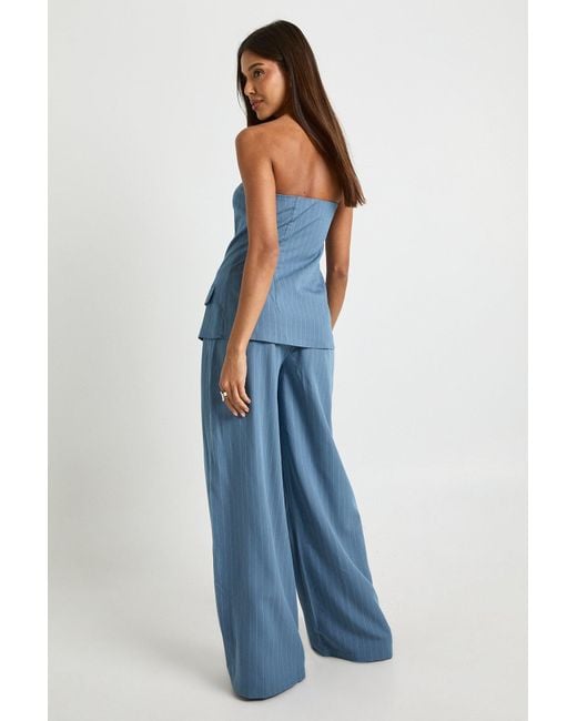 Boohoo Blue Pinstripe Bandeau & Wide Leg Trouser Co-Ord