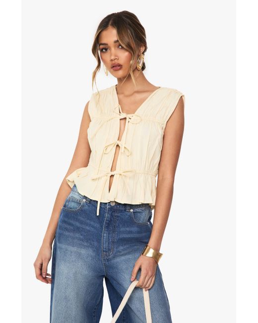 Boohoo Blue Ruched Poplin Tie Front Sleeveless Top