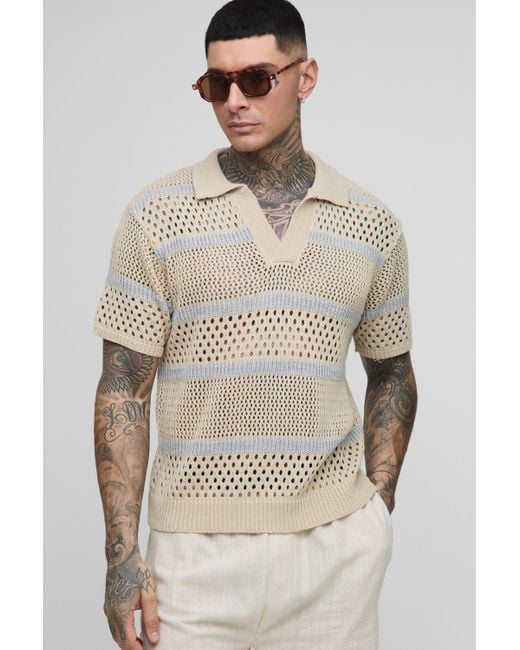 BoohooMAN Natural Tall Boxy Oversized Stripe Open Knit Polo for men