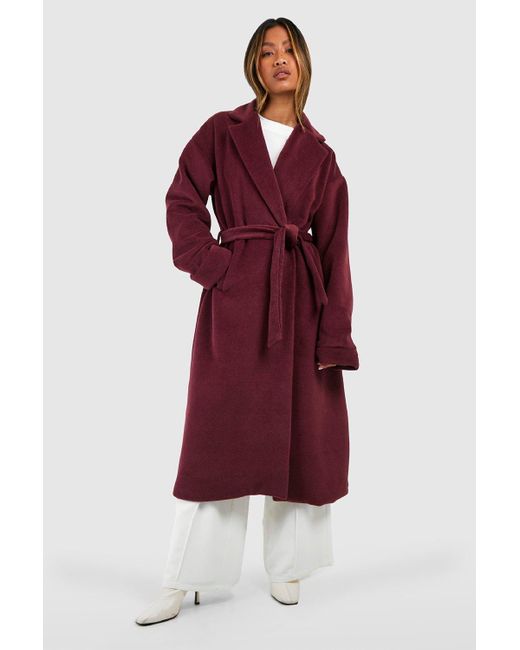 Boohoo Cuff Detail Belted Textured Wool Look Coat