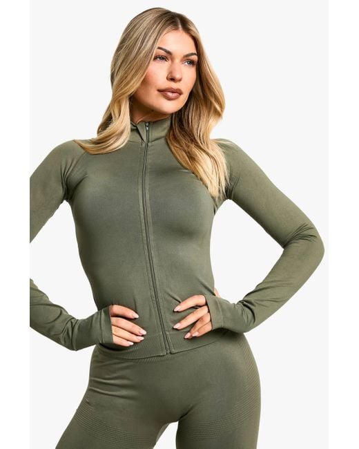 Boohoo Green Premium Sculpt Seamless Zip Through Sports Jacket