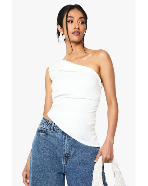 Boohoo White Ruched One Shoulder Asymmetric Top
