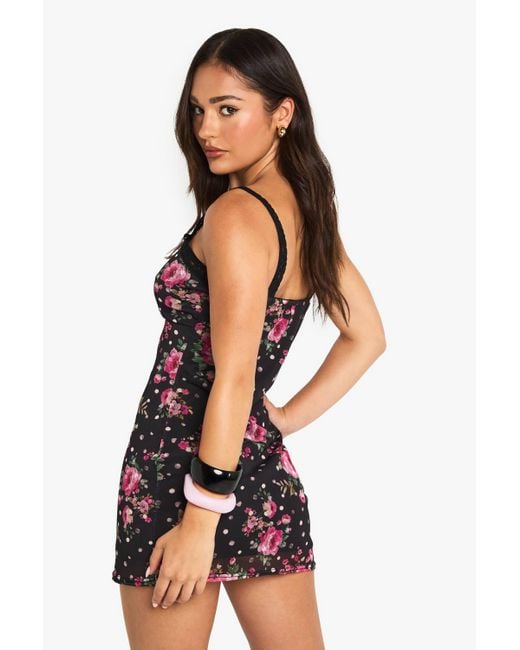 Boohoo Petite Ditsy Floral Contrast Lace Trim Mesh Slip Dress in Black |  Lyst