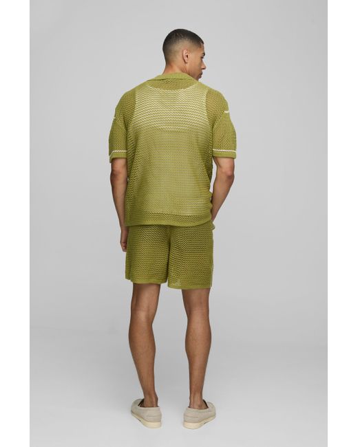 Conjunto De Pantalón Corto Recto De Punto Calado Con Solapas Y Estampado De Rayas Boohoo de color Green
