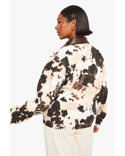 Boohoo Natural Plus Cow Print Collared Zip Up Denim Jacker