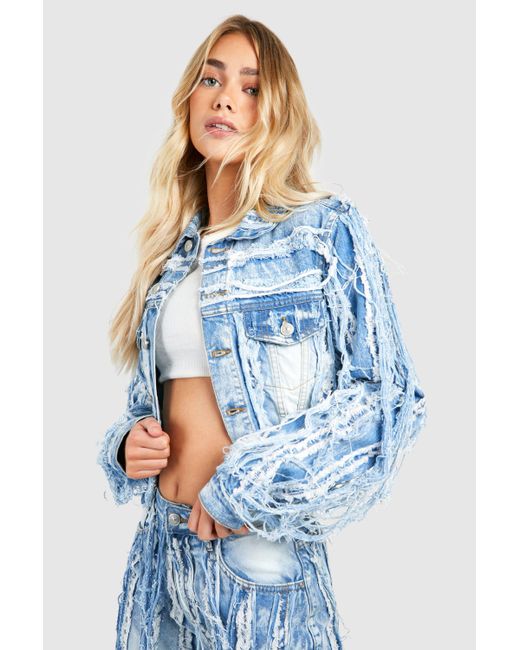 Boohoo Blue Extreme Distressed Washed Crop Jean Jacket