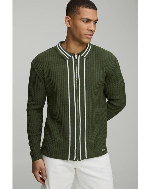Boohoo Green Regular Fit Embroidered Lightweight Zip Up Knitted Shirt