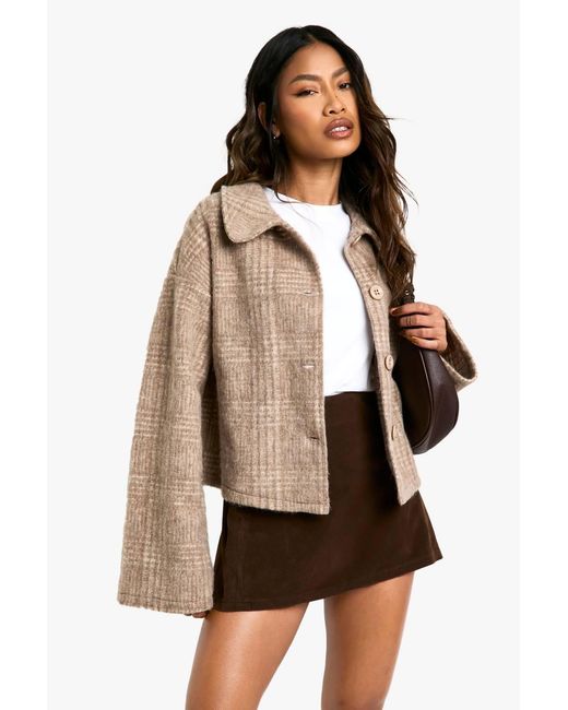 Boohoo Natural Check Wool Look Collar Jacket
