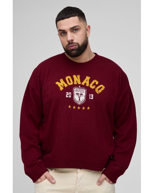 BoohooMAN Red Plus Monaco Varsity Boxy Oversized Knitted Jumper for men