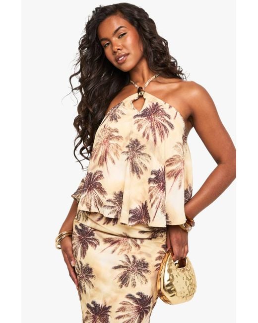 Boohoo Natural Chiffon Palm Print Halterneck Ruffle Top